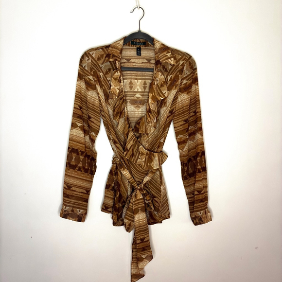 Ralph Lauren Tops - Lauren Ralph Lauren NEW M Tan Southwest Ruffle Surplice Tie Blouse